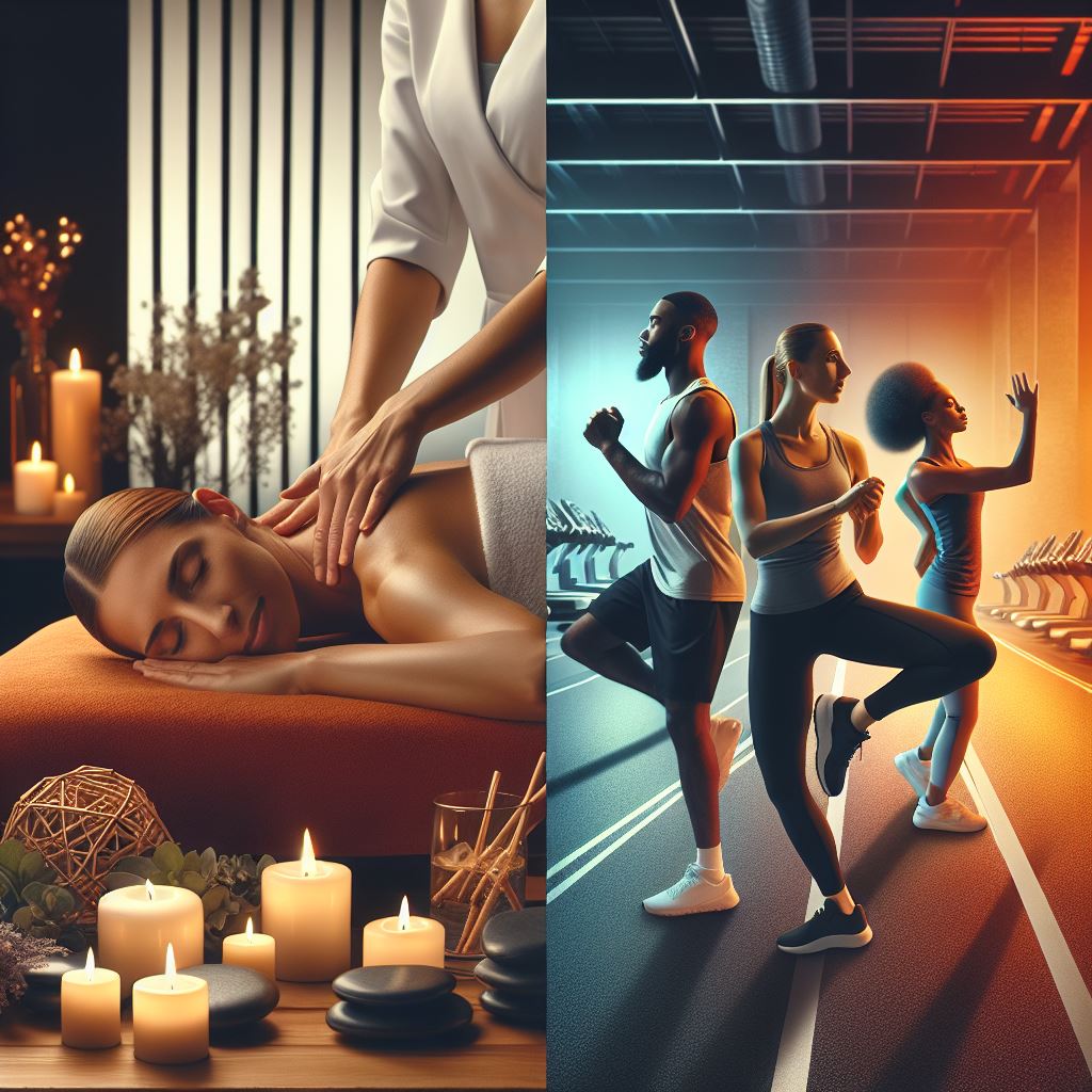 A comparison image showing Massage Therapy on one side (relaxing spa setting, hands-on massage) and
